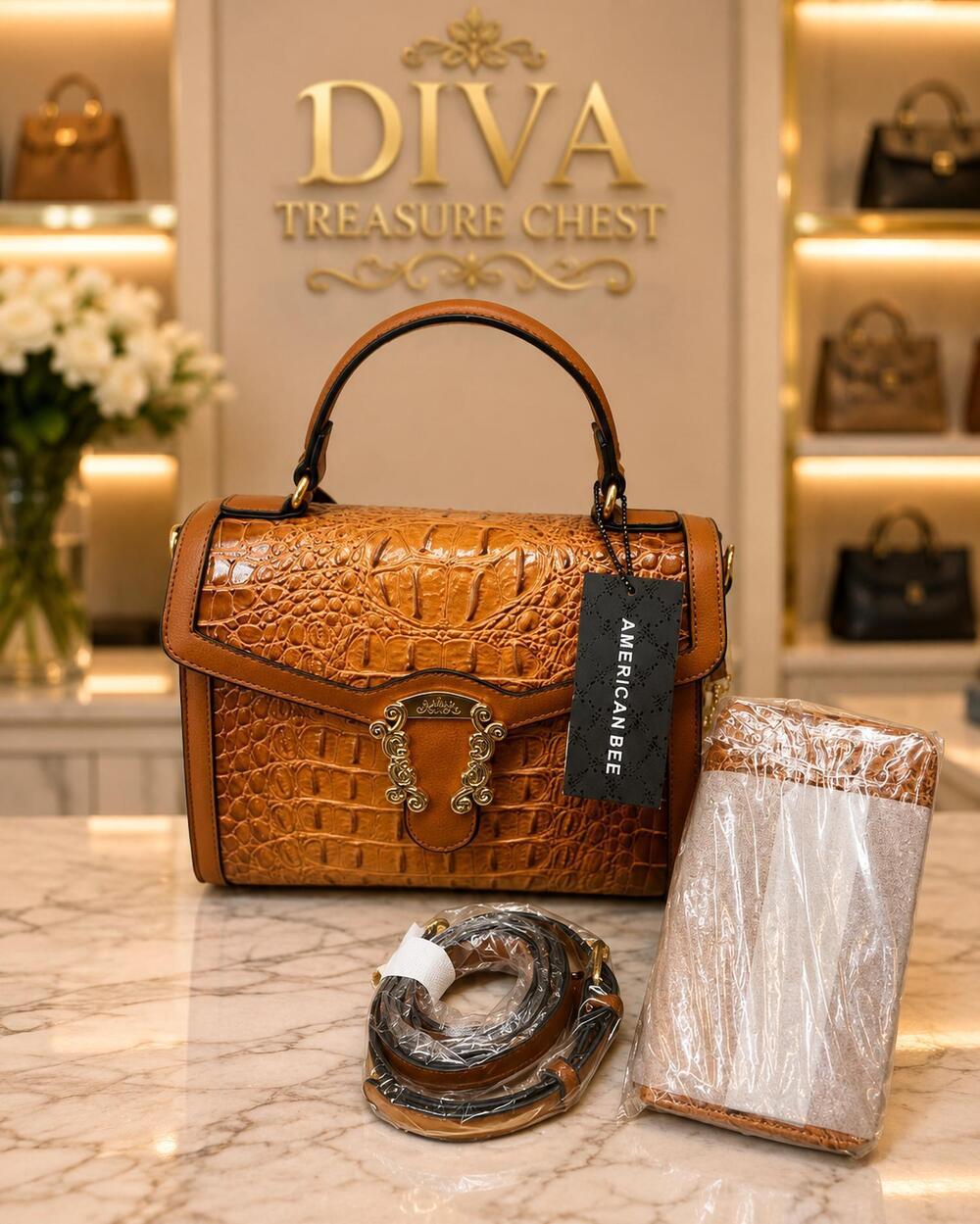 NEW AMERICAN BEE women's crocodile buckeled satchel set in brown